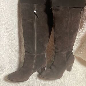 Latige Magpie Leather Suede Brown over the knee 3 Inch Heel sides zipper SZ11M